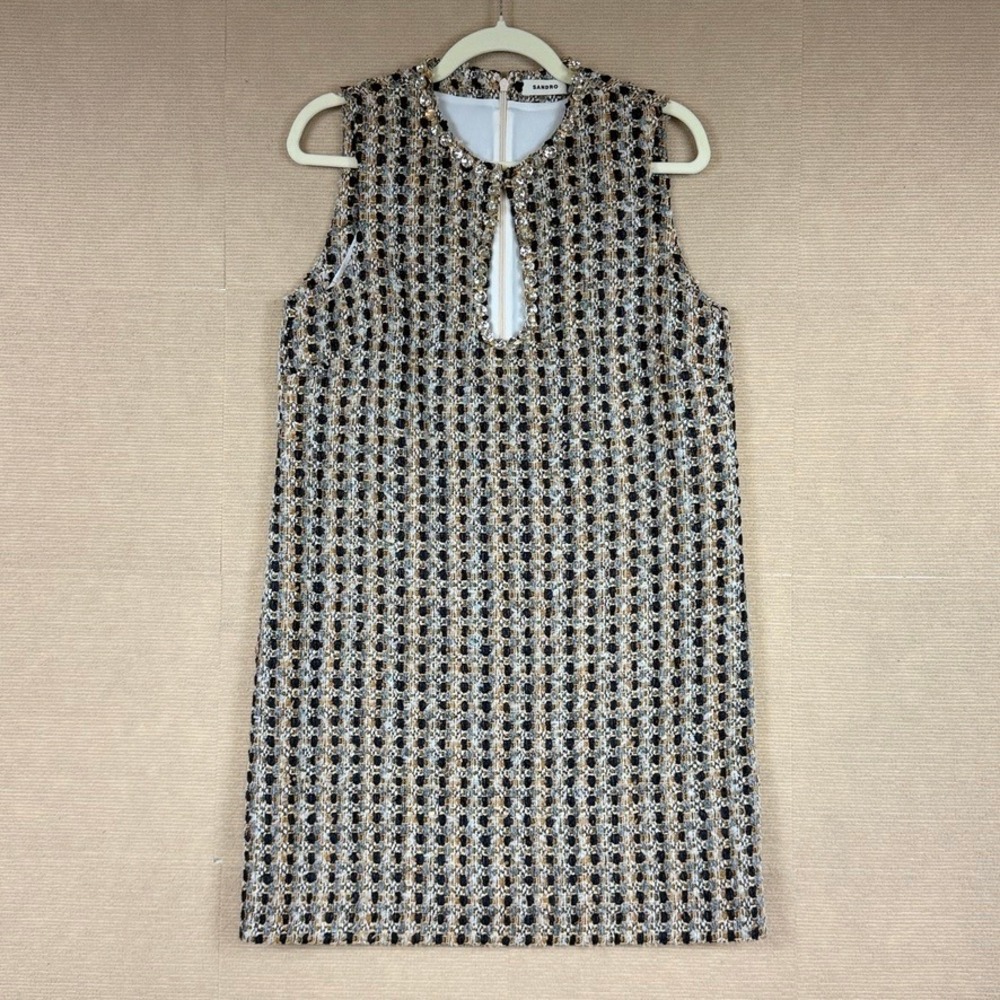 Sandro Paris Crystal Embellished Tweed Mini Dress Multi Gold EU 40 US 8